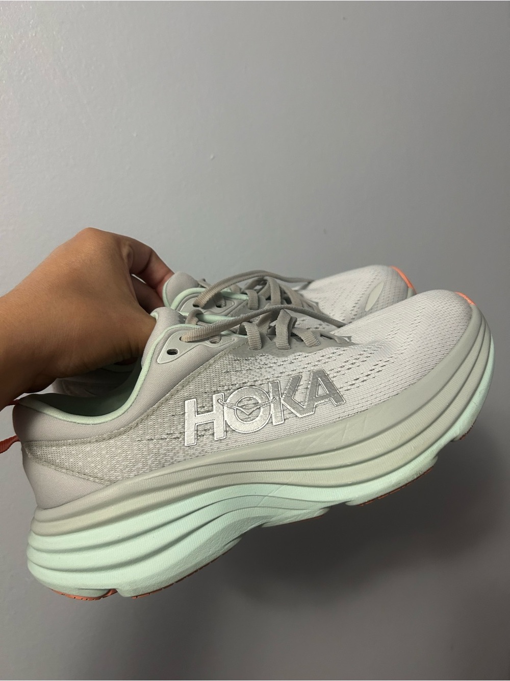 HOKA Women's White Mint Athletic Running Shoes with Coral Accents